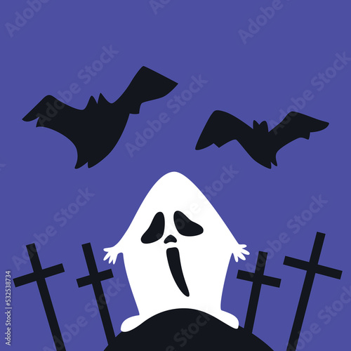 Autumn holiday Halloween. An ominous ghost in a cemetery among crosses in the style of flat cartoon graphics. Ghost character with bats.