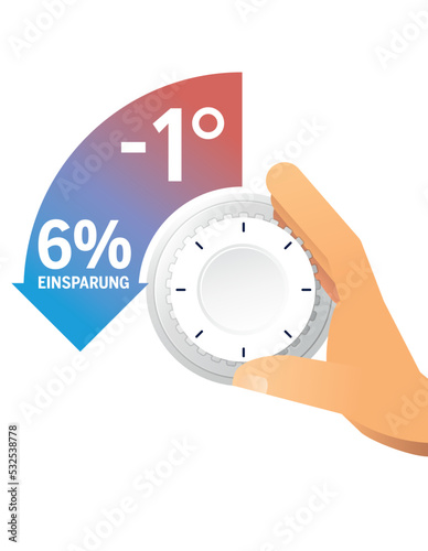 Grafik Hand am Thermostat symbolisch für Heizung runterdrehen