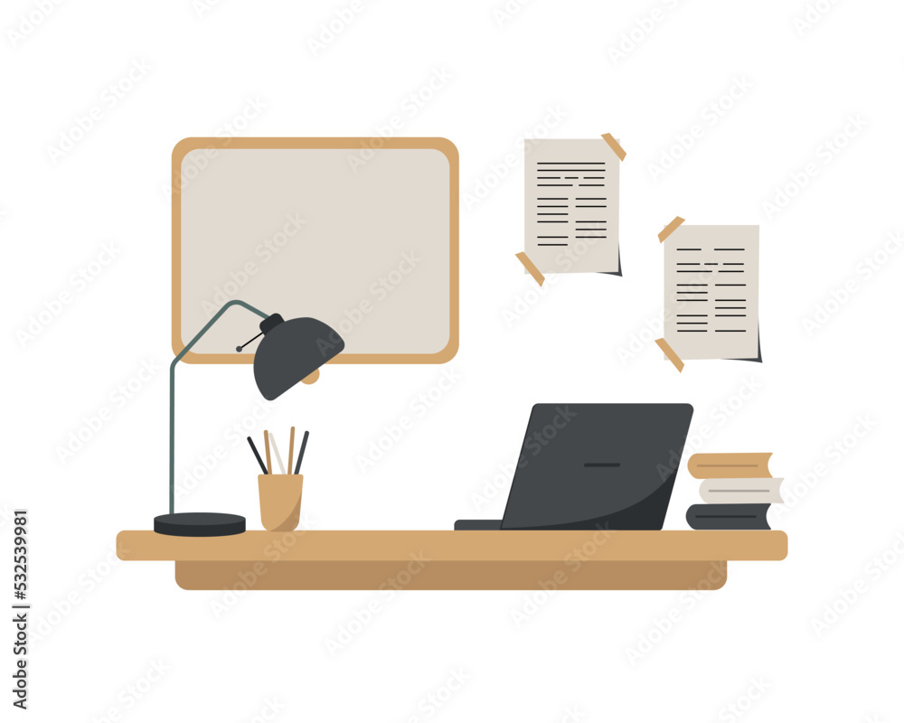 Freelance concept. Home or office workplace with table, laptop computer, books, lamp, pencil cup, desk and files on the wall. Modern colorful flat style vector illustration.