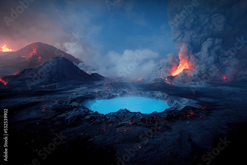An illustration of the blue volcano in Indonesia, Kawah Ijen Volcano, Sulfuric Gas. photo
