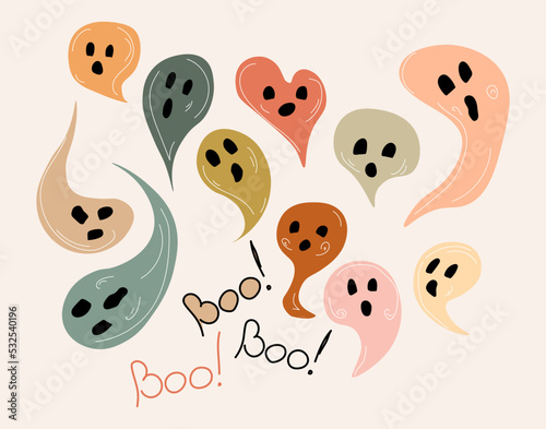 Halloween ghosts boho set in different shapes, colors and sizes with lettering Boo All elements are isolated Muted colors flat doodle style vector illustration