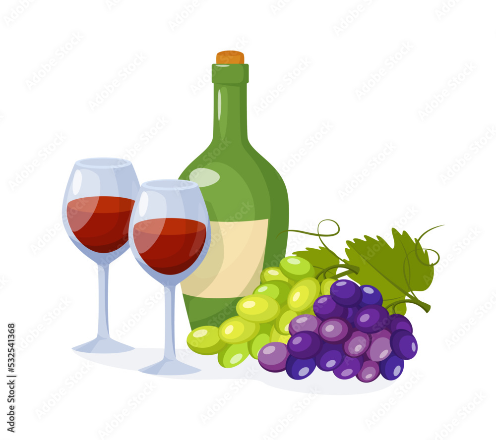 Green wine bottle and glasses with wine served with grapes. Food and drinks illustration. Vector isolated illustration in cartoon style