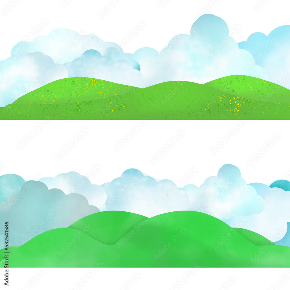 Obraz premium A set of elements for design. Green hills and clouds. Illustration