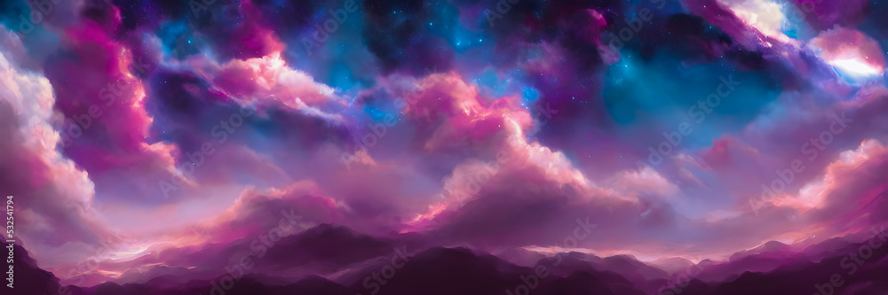 Space background with stardust and shining stars. Fantasy colorful cosmos. Alien planets. Banner size Space background with stardust and shining stars. Fantasy colorful cosmos. Alien planets. Banner size