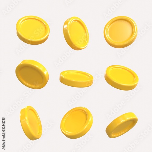 3D set of rotation plastic coins at different angles. Realistic render cartoon money change visualization. Business financial investment, currency exchange, savings, wealth. 3d rendering gold coin