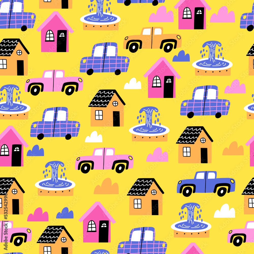 pattern with houses, fountains and cars. children's design of fabric, paper, etc. vector illustration.