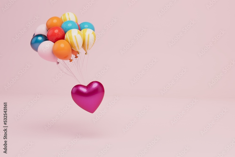 the heart flies away on multi-colored balloons on a pastel background. copy paste, copy space. 3D render