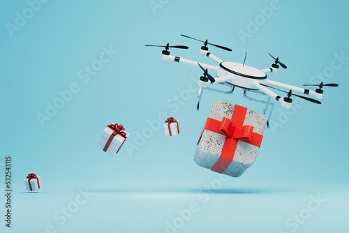 delivery of parcels using drones. drone and gift boxes on a blue background. 3D render