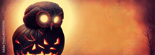 Fotografiet Halloween illustration with an owl jack-o-lantern pumpkin.