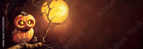 Fotografiet An owl-pumpkin jack-o-lantern sits on a branch.