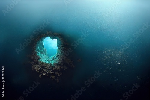 An Illustration of the great blue hole in Belize, Deep blue chasm, Deep abyss.