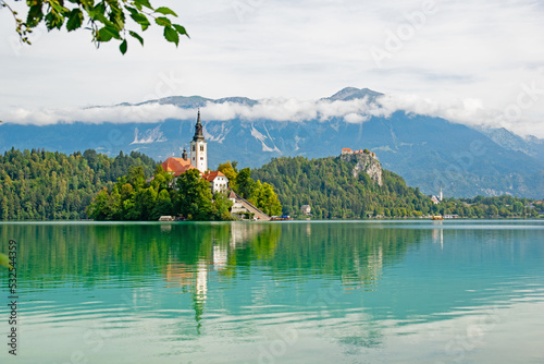 view over lake Bled and Bled island with the Church of the Assumption of Mary in Slovenia