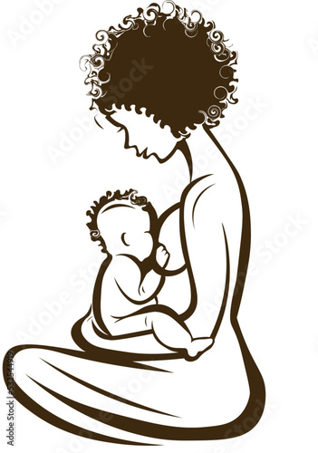 A black woman holds a child in her arms and breastfeeds. Newborn child with beautiful mother.  Mother and baby. Maternity logo. Mother care icon