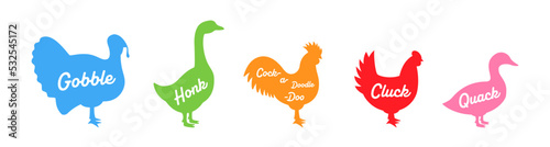 Farm animal silhouettes with hand draw lettering. Gobble, Honk, Cock-a-doodle-doo, Cluck, Quack - animals voice lettering. Farm animals silhouettes
