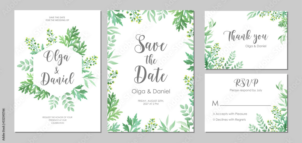 Wedding floral invitation thank you, RSVP card. Template with place for text. Floral frame with sagebrush and wild herbs. Vector illustration.