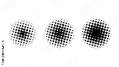 Halftone circle gradient set. Comic style round shapes. Semitone dotted globes collection. Circular design elements and texture. Vector.