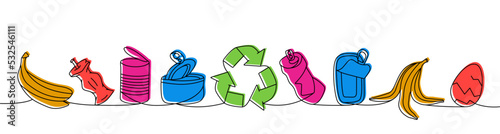 Set of Trash one line colored continuous drawing. Organic trash, peel of banana, apple stub, egg shell continuous one line colorful set illustration.