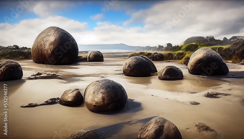 Fotografie, Obraz An illustration of moeraki boulders in New Zealand