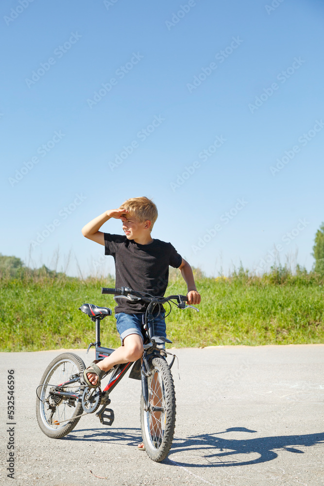 Little bicyclist admiring countryside in summer Little bicyclist admiring countryside in summer