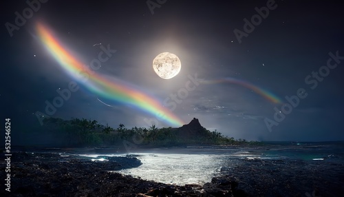 An illustration of a moonbow seen in Hawaii also known as a Lunar Rainbow or Moon Rays. photo