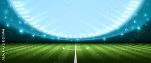 Realistic football arena with spotlights. Vector