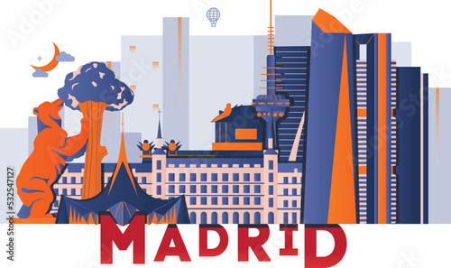 Madrid culture travel set, famous architectures and specialties in flat design. Business travel and tourism concept clipart. Image for presentation, banner, website, advert, flyer, roadmap, icons