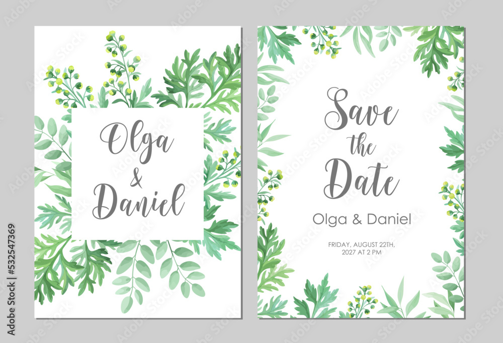 Obraz premium Greenery wedding invitation template. Invite card with place for text. Floral frame with sagebrush and wild herbs. Vector illustration.