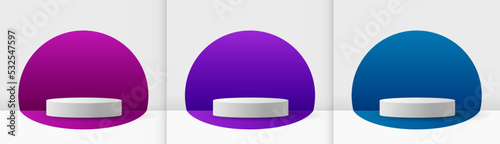 Stage 3d vector collection in purple blue violet colors. Pedestal or platform for cosmetic product demonstration, showroom stage vector set. Podium platforms graphic design.