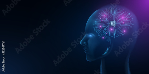 Cyborg head and artificial brain with processor. Cyberman watching into space. Artificial Intelligence background. Neural networks. Data visualization.Vector illustration