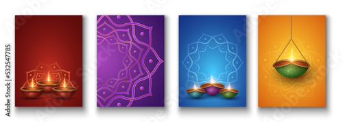 Set of posters for Diwali festival of light. Colorful Diya lamps with mandala pattern. Traditional Indian cover design. Burning lanterns. Festive banner for website. Greeting card. Vector