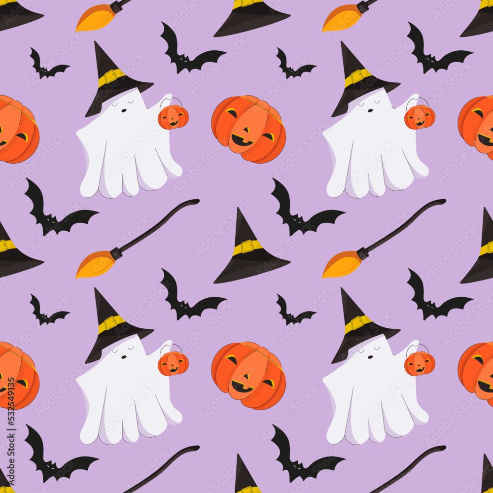 Halloween seamless pattern design with bat, pot, sweets, candy. Vector illustration for wallpaper, wrapping paper, banner, web, frame, party celebration on violet background. Halloween seamless pattern design with bat, pot, sweets, candy. Vector illustration for wallpaper, wrapping paper, banner, web, frame, party celebration on violet background.