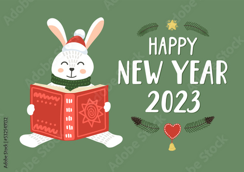 Happy New Year 2023. Cute white rabbit reading book with lettering. Children holiday's education illustration.