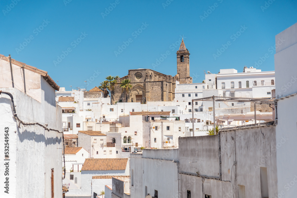Beautiful view of the white houses and the church of Vejer de la Frontera, Cadiz. Andalusia