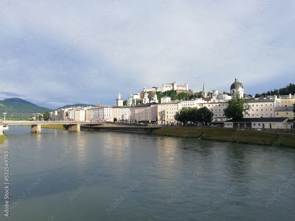 Beautiful view of Salzburg with Festung Hohensalzburg and Salzach river