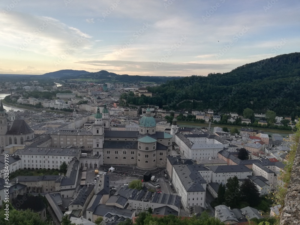 Beautiful of Aerial panoramic view on a historic city of Salzburg with st. Peters Abbey, Franciscan Church and Salzburg Cathedral, Austria 