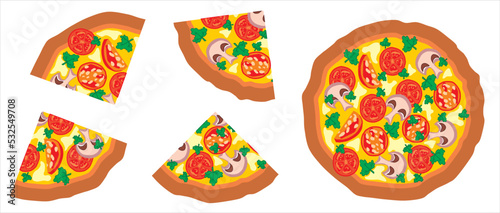 Slicing round pizza into portions. Vector drawing. Pizza with smoked salami sausage, mushrooms champignons, vegetables tomatoes, cheese, mayonnaise and parsley. A slice of pizza.
