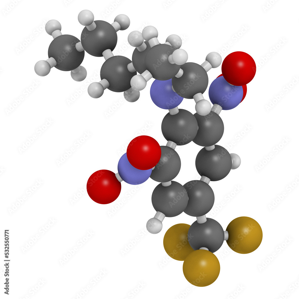 Benfluralin herbicide molecule, 3D rendering. Benfluralin herbicide molecule, 3D rendering.