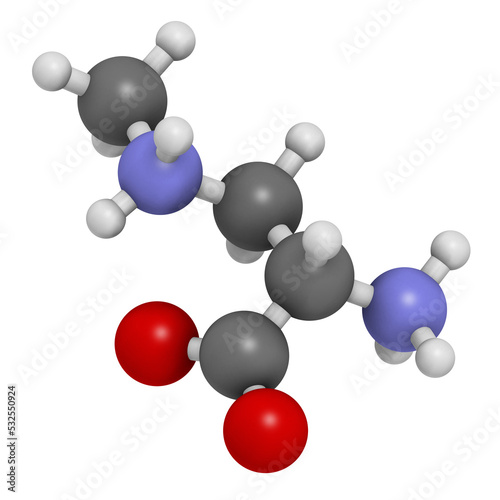 beta-Methylamino-L-alanine (BMAA) toxic amino acid molecule. Produced by cyanobacteria, 3D rendering. photo