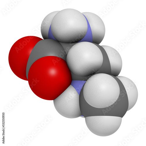 beta-Methylamino-L-alanine (BMAA) toxic amino acid molecule. Produced by cyanobacteria, 3D rendering. © molekuul.be
