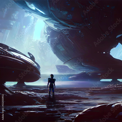 illustration of a robot walking on another planet against the background of a spaceship