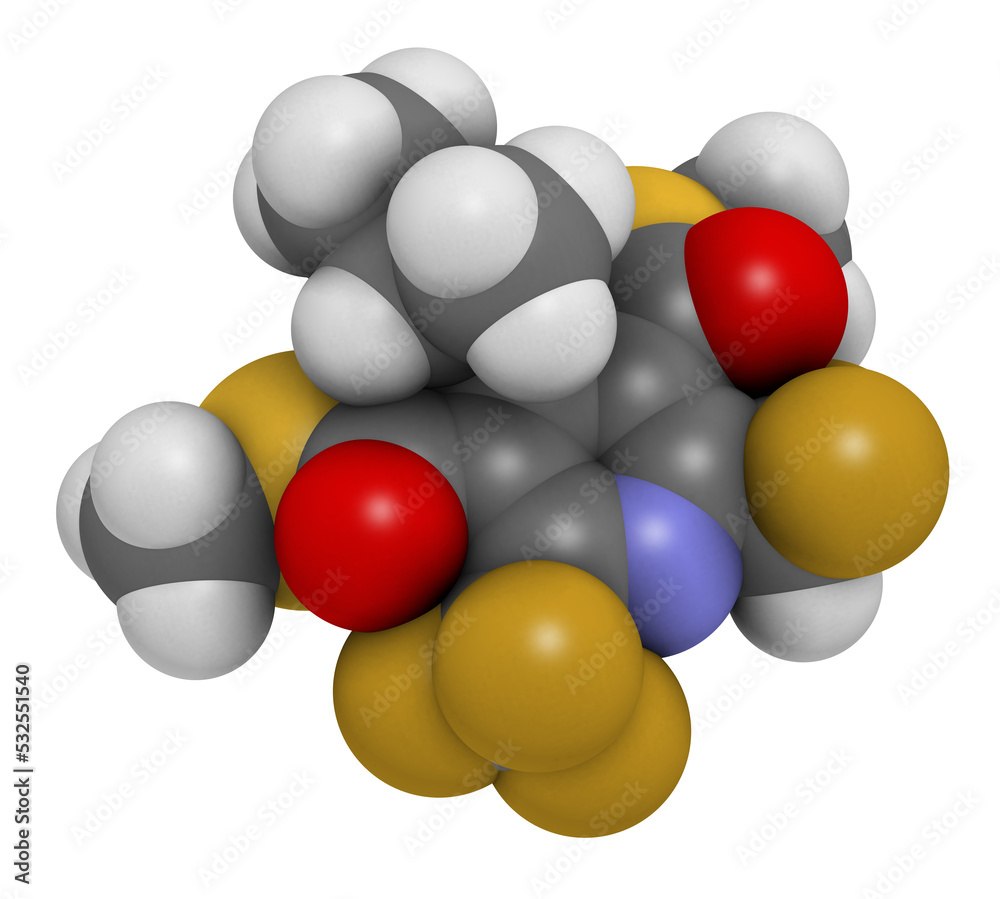 Dithiopyr preemergent herbicide molecule, 3D rendering.