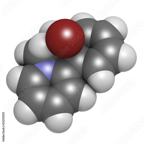Diquat dibromide contact herbicide molecule 3D rendering. Atoms are represented as spheres with conventional color coding  hydrogen  white   carbon  grey   nitrogen  blue   bromine  brown .