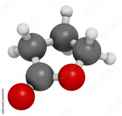 Gamma-butyrolactone (GBL) solvent molecule. Used as prodrug form of GHB (gamma-hydroxybutyric acid), 3D rendering.