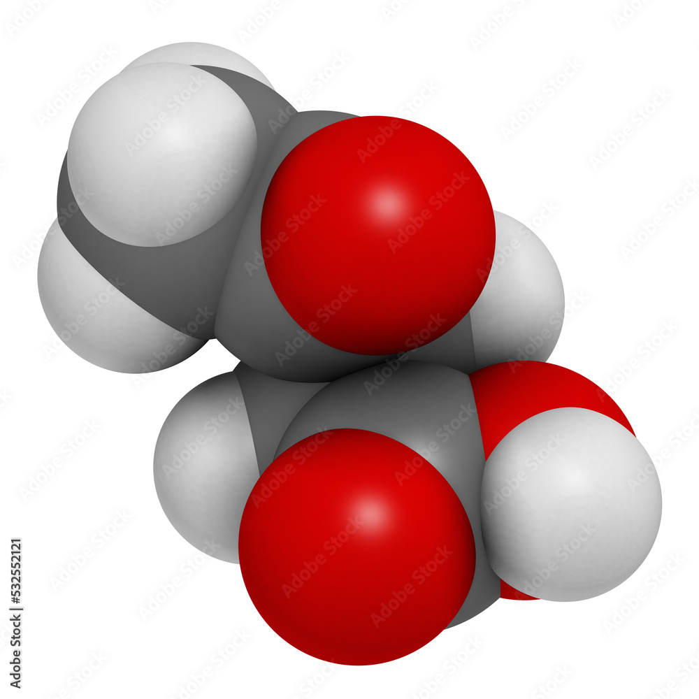 Levulinic acid molecule. Made by degradation of cellulose, potential precursor to biofuels, 3D rendering. Levulinic acid molecule. Made by degradation of cellulose, potential precursor to biofuels, 3D rendering.