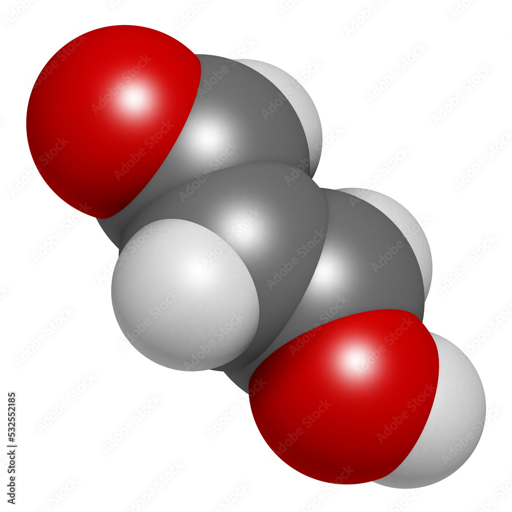 Malondialdehyde (MDA, enol form) molecule. Marker of oxidative stress and naturally produced during the lipid peroxidation of polyunsaturated fatty acids, 3D rendering. Malondialdehyde (MDA, enol form) molecule. Marker of oxidative stress and naturally produced during the lipid peroxidation of polyunsaturated fatty acids, 3D rendering.