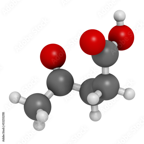 Levulinic acid molecule. Made by degradation of cellulose, potential precursor to biofuels, 3D rendering. photo