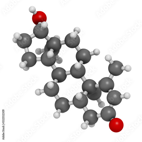 Metenolone anabolic steroid molecule. Used (banned) in sports doping, 3D rendering. photo