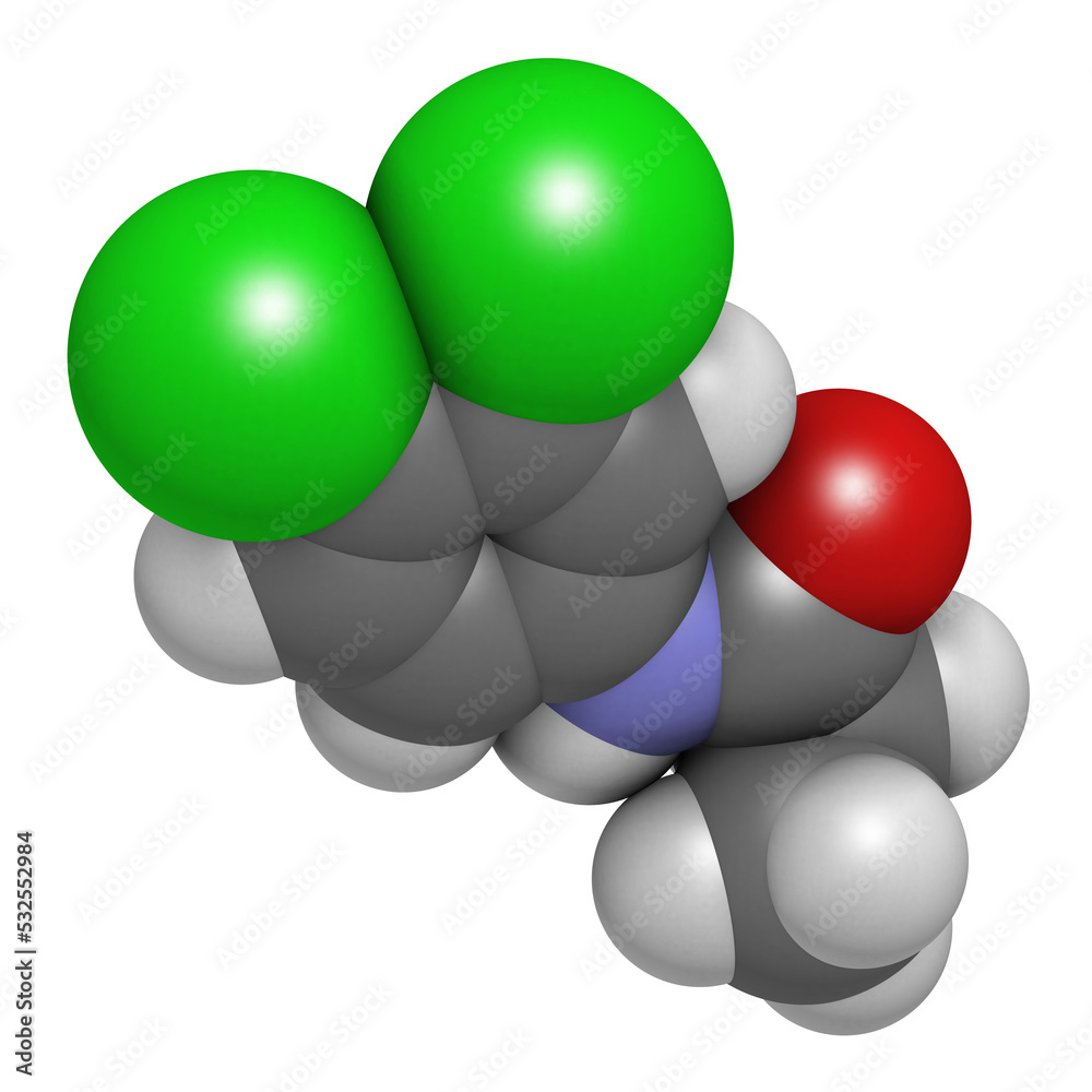 Propanil herbicide molecule, 3D rendering. Propanil herbicide molecule, 3D rendering.
