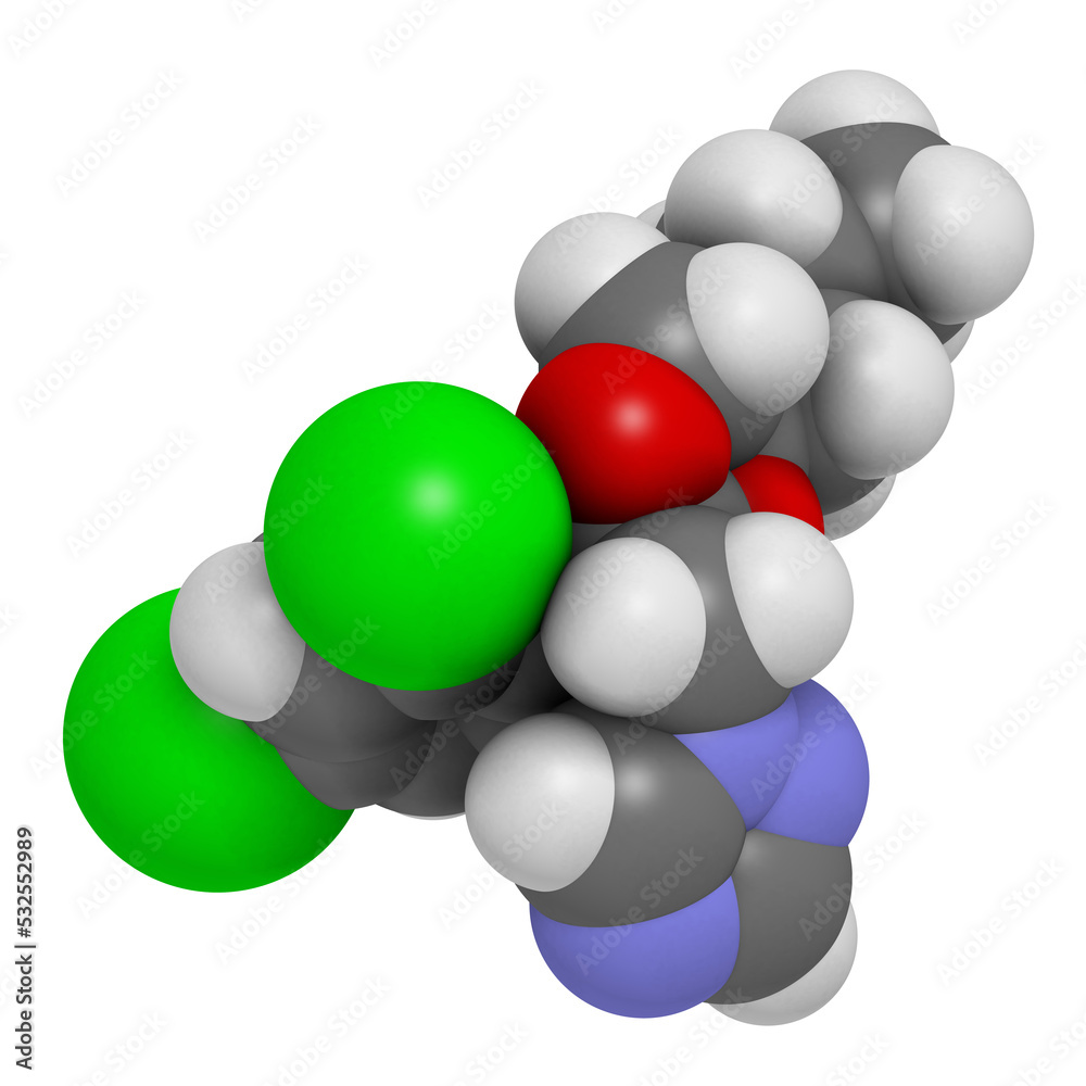 Propiconazole antifungal molecule (triazole class), 3D rendering.
