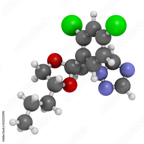 Propiconazole antifungal molecule (triazole class), 3D rendering. photo